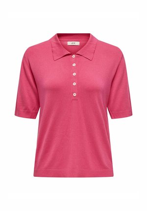 Camisa polo de manga corta rosa con cuello y cinco botones en el frente, hecha de un suave tejido de punto.