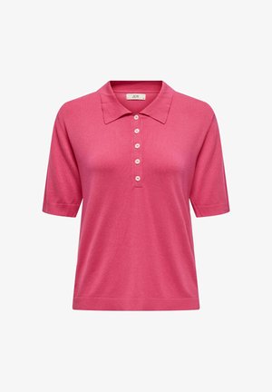 Rosa Kurzarm-Polohemd mit Kragen und fünf vorderen Knöpfen, aus weichem Strickstoff gefertigt.