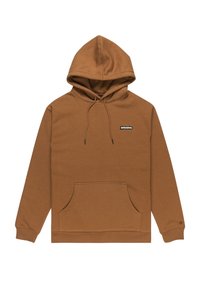 Brown hooded sweatshirt with a front pocket, drawstring, and a small logo patch. Made from soft material with ribbed cuffs and hem.