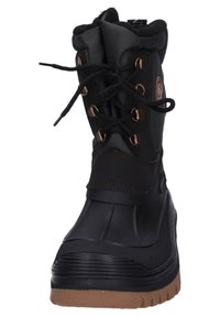 Black waterproof boots feature a textured rubber sole, fabric upper with metal eyelets, and a fleece-lined collar for warmth and comfort.