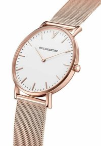Roségoldene Mesh-Uhr mit weißem Zifferblatt, kontrastierenden roségoldenen Stundenmarkierungen und minimalistischem Design. Markennamen angezeigt.