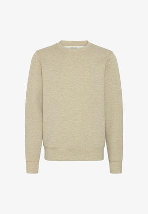 Beige pikkade varrukate sweatshirt, mis on valmistatud pehmest kangast, omades ümmargust kaelust, soonikuid mansette ja tekstureeritud viimistlust. Ei sisalda nähtavaid mustreid ega logosid.