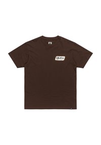 Brown cotton t-shirt with short sleeves, round neck, and a small label graphic in a rectangular patch on the left chest.