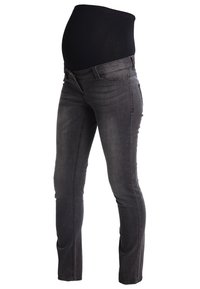 Vaqueros de maternidad en denim gris oscuro con una cinturilla negra elástica para mayor soporte. Diseño de corte slim con un ligero desvanecimiento y estilo clásico de bolsillos.