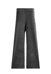 Tmavošedé pletené nohavice so širokým strihom a textúrovaným povrchom, s elastickým pásom a vo voľnom strihu, ideálne na voľnočasové nosenie.