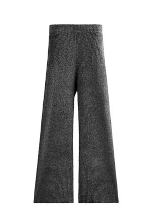 Tamno sivi pleteni široki hlače s teksturiranim završetkom, s elastičnim pojasom i ležernim krojem, prikladne za svakodnevno nošenje.