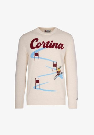 Maglione crema con la parola "Cortina" in bordeaux; design grafico di uno sciatore, porte e linee blu ondulate; polsini a coste.