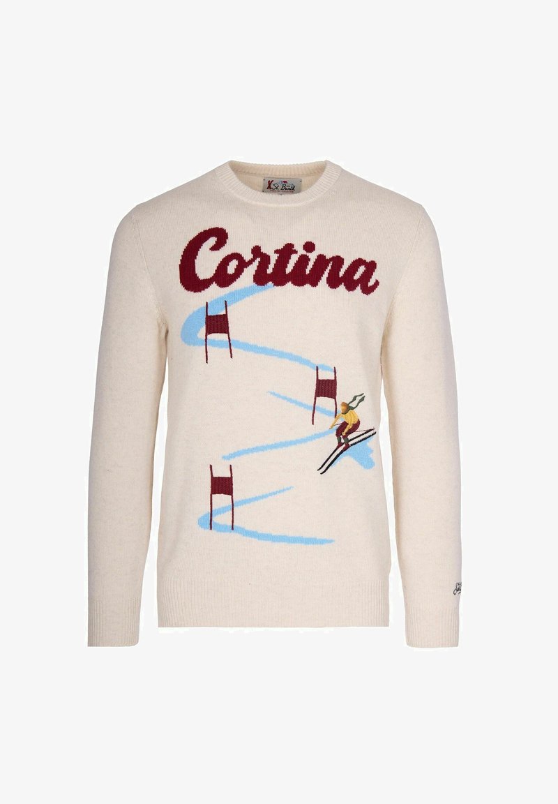 Maglione crema con la parola "Cortina" in bordeaux; design grafico di uno sciatore, porte e linee blu ondulate; polsini a coste.