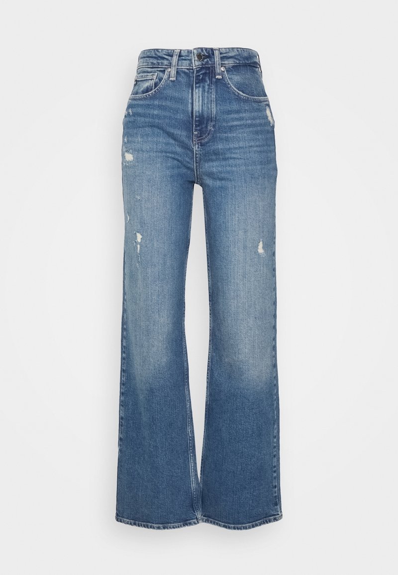 Ljusblå, hög midja, vida jeans med en urblekt finish och subtila slitningar fram. Tillverkade av denimtyg.