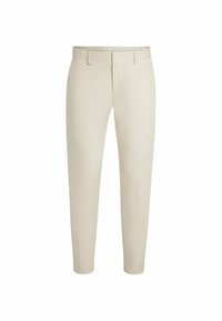 Pantaloni beige su misura con una texture liscia, passanti per cintura e design frontale piatto, caratterizzati da una vestibilità slim e gambe affusolate.