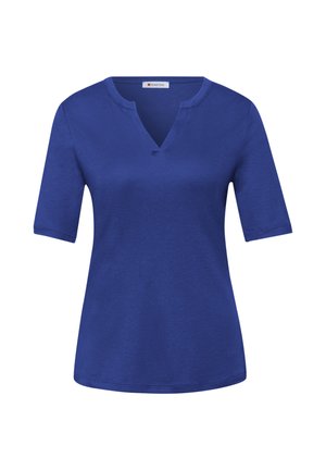 Camicia da donna a maniche corte di colore blu solido, con scollo a V con intaglio e orlo dritto.