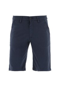 Navy blue shorts made of lightweight fabric, featuring a button closure, side pockets, and a straight cut with clean stitching details.