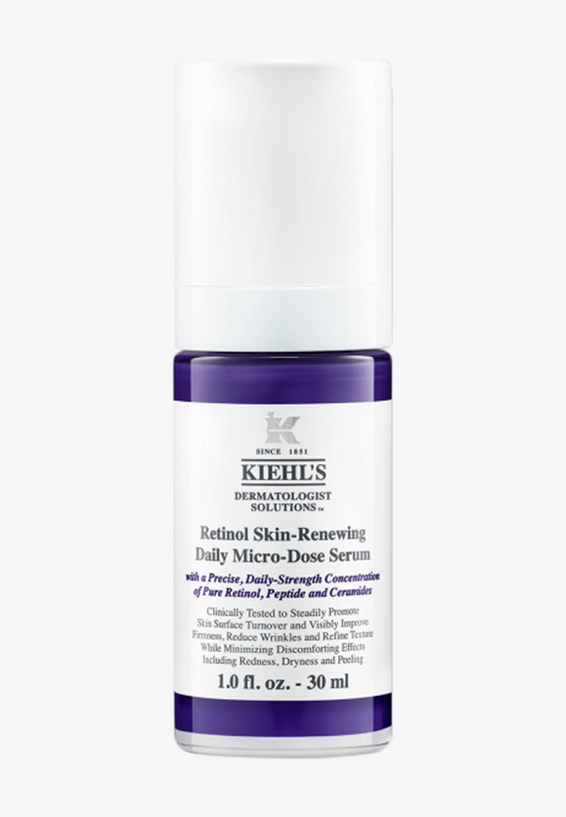 Dropper bottle of Kiehl's Retinol Skin-Renewing Daily Micro-Dose Serum with peptide and ceramides, 30 milliliters capacity.