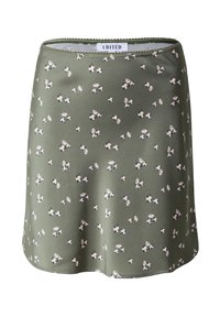 Olijfgroene rok van een lichtgewicht stof met een bloemmotief, voorzien van kleine witte en roze bloemen op een soepele textuur.