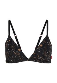 Černá trojúhelníková podprsenka s vzorovaným designem v hnědé a bílé barvě, tenkými černými nastavovacími ramínky a červenými kovovými detaily.