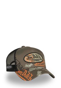 Gorra de béisbol marrón con parte trasera de malla, con el logo "Von Dutch" en negro y naranja, decorada con varios patrones gráficos y texturas.