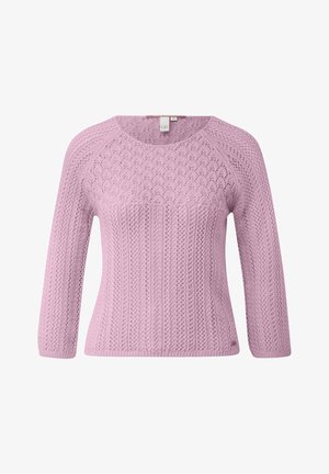 Lichtpaars gebreide damestrui met ingewikkelde kabelpatronen, lange mouwen en een ronde halslijn.