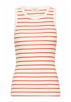 Sleeveless fitted top with a round neckline, made of ribbed fabric, featuring horizontal red and white stripes.