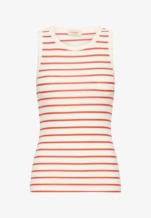 Rankovės neturintis prigludęs viršus su apvaliu iškirpimu, pagamintas iš griovelio audinio, su horizontaliomis raudonomis ir baltomis juostelėmis.