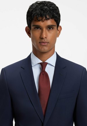 Man met kort krullend zwart haar, gekleed in een marineblauw pak, lichtblauw geruit overhemd en een donkerrode stropdas, kijkt recht vooruit met een neutrale uitdrukking.