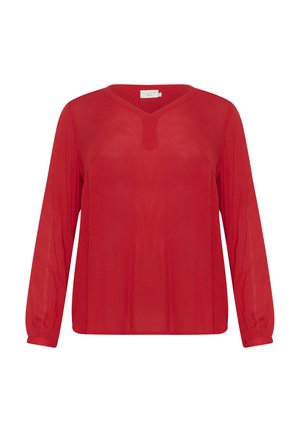 Röd blus med långa ärmar i lätt material, med V-ringning, diskreta veck och elastiska manschetter för en avslappnad passform.
