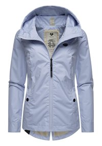 Light blue waterproof jacket with a zip front, adjustable hood, and snap buttons on pockets; smooth texture; printed inner label visible.