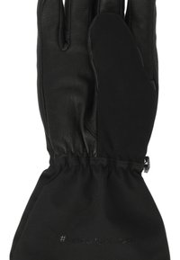 Svarta handskar med läderhandflata och mjuk tygmanschett. Funktioner inkluderar en sammadragen handled och en tryckt hashtag-detalj på manschetten.