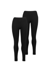 Leggings noirs en matériau lisse et extensible. Design ajusté avec une taille haute, offrant une silhouette sans couture. Deux paires exposées.