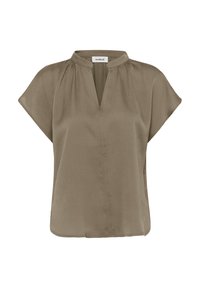 Blouse vert olive avec un décolleté en V, des manches courtes et des détails plissés. Fabriquée en tissu léger avec une texture lisse.