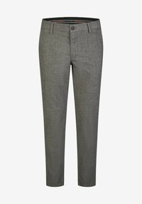 Graue Hose aus strukturiertem Stoff. Schmaler Schnitt mit glatter Oberfläche, ausgestattet mit einem Knopfverschluss und Gürtelschlaufen. Keine sichtbaren Muster.