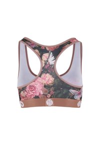 Sport-BH mit floralem Muster in Schwarz und Rosa, mit einem braunen Band. Verfügt über ein Racerback-Design und Mesh-Einsätze für Atmungsaktivität.