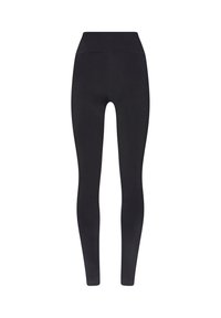 Leggings neri a vita alta realizzati in materiale elasticizzato con una texture liscia, caratterizzati da un design semplice e senza segni o motivi visibili.