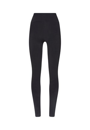 Zwarte leggings met een hoge taille, gemaakt van rekbaar materiaal met een gladde textuur, met een eenvoudig ontwerp zonder zichtbare markeringen of patronen.