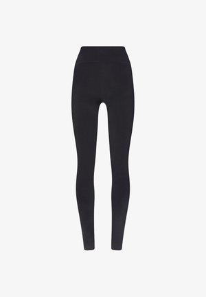 Leggings neri a vita alta realizzati in materiale elasticizzato con una texture liscia, caratterizzati da un design semplice e senza segni o motivi visibili.