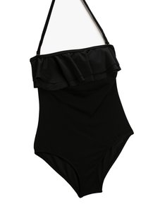 Zwarte éénpiece badpak met een rimpel-top, verstelbare bandjes en een getailleerde pasvorm. Gemaakt van gladde, elastische stof.