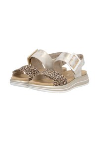 Gold metallic and leopard-print sandals feature wide straps with a square buckle, soft insole, and a lightweight white rubber sole.