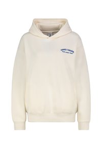 Cream hoodie made of soft fabric, featuring a drawstring hood, ribbed cuffs, and embroidered text in blue reading "SUMMER & SUNSHINE."