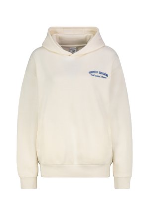 Cremefarbener Hoodie aus weicher Baumwolle, ausgestattet mit einer Kordelzugkapuze, gerippten Bündchen und blau gesticktem Text "SUMMER & SUNSHINE."