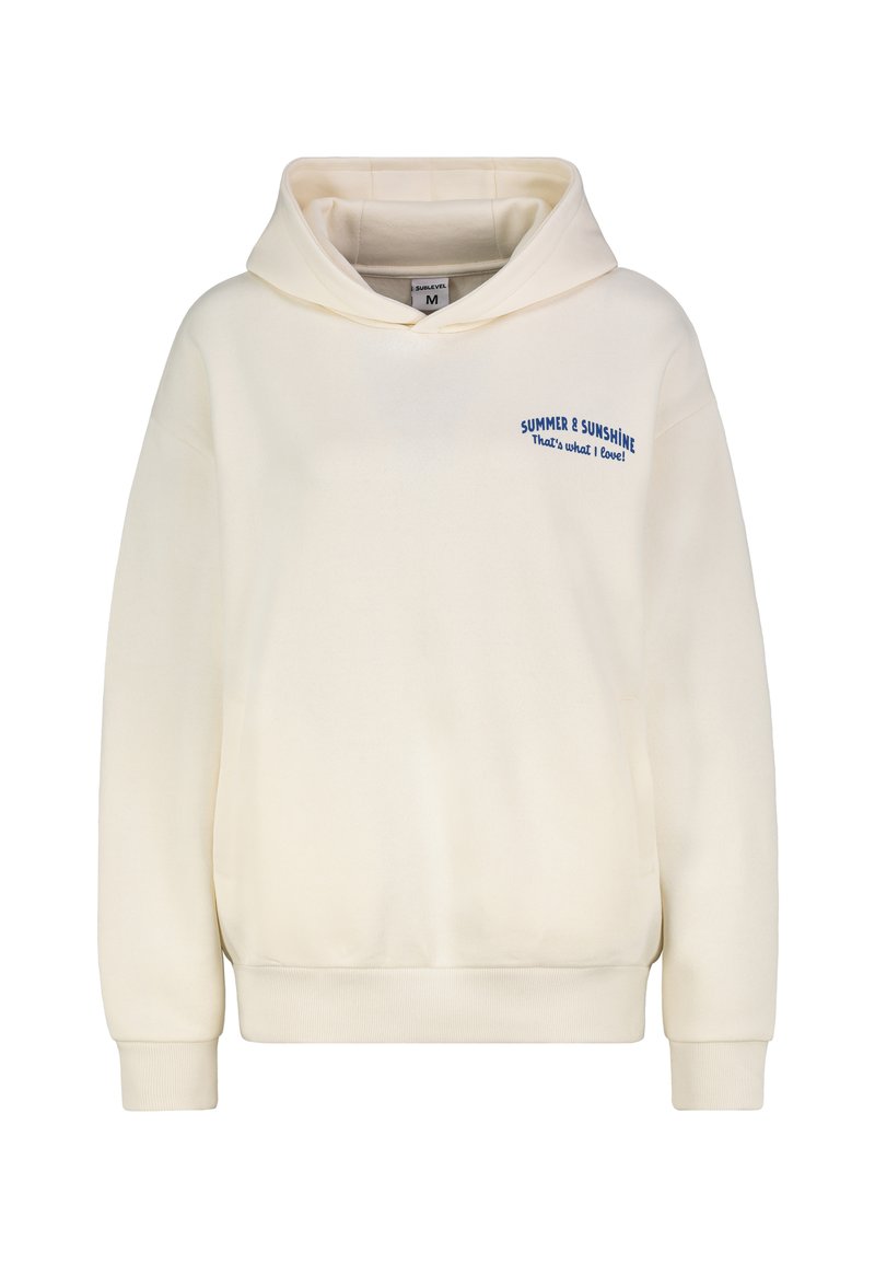 Cream hoodie made of soft fabric, featuring a drawstring hood, ribbed cuffs, and embroidered text in blue reading "SUMMER & SUNSHINE."