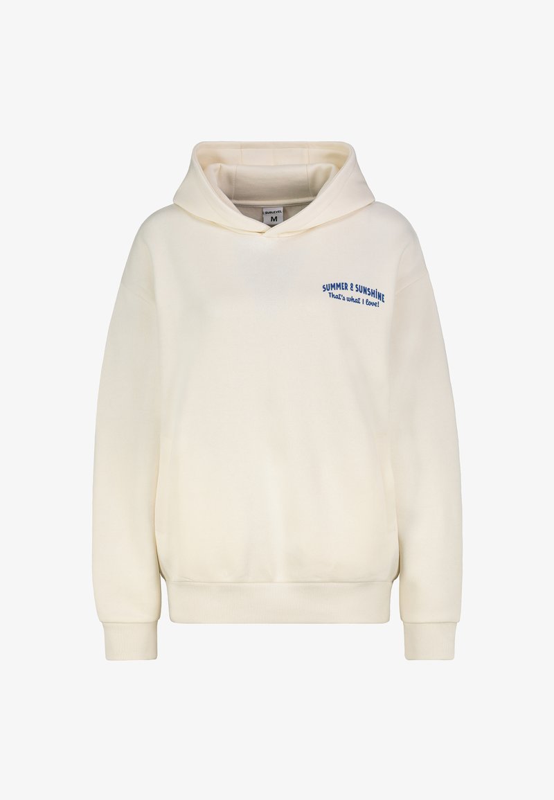 Cream hoodie made of soft fabric, featuring a drawstring hood, ribbed cuffs, and embroidered text in blue reading "SUMMER & SUNSHINE."