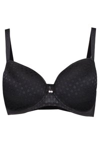 Zwarte kanten bh met een patroonstructuur, onderbreking voor ondersteuning, verstelbare bandjes en een decoratieve parelaccent aan de voorkant.