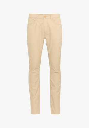 Beige puuvillased püksid slim fit stiilis, viie tasku kujundusega ja nupuga sulguriga. Siledat tekstuuri ning ei mingeid nähtavaid mustreid ega aktsente.