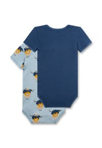 Twee korte mouw bodysuits: één effen marineblauw, één lichtblauw met herhalende patronen van wollige dieren. Katoenen materiaal, drukknoopsluiting aan de onderkant.
