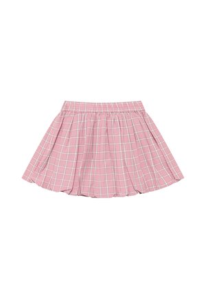 Roze geplooide rok met wit en grijs geruit patroon en elastische tailleband op een witte achtergrond.