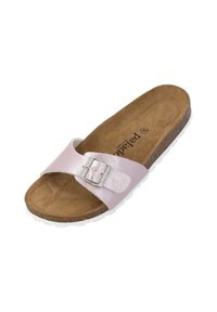 Sandalia de slide rosa con una correa brillante y una hebilla decorativa. Textura del plantillo suave en marrón con suela de goma blanca. Logo de la marca visible.