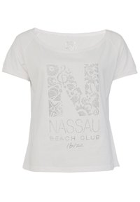 Hvid bomulds T-shirt med afslappet pasform, der har et dekorativt perforeret bogstav 'N' samt teksten "NASSAU BEACH CLUB Ibiza" i glitrende detaljer.