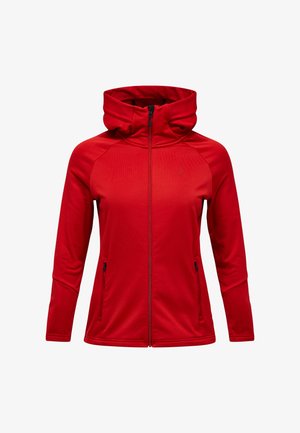 Felpa rossa con zip, colletto alto, maniche lunghe e tasche laterali con cerniera, mostrata su sfondo bianco.