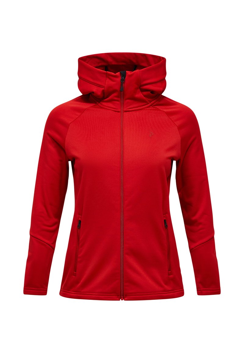 Rode hoodie met ritssluiting, hoge kraag, lange mouwen en geritste zijzakken, getoond tegen een witte achtergrond.