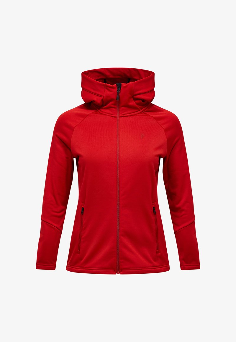 Rode hoodie met ritssluiting, hoge kraag, lange mouwen en geritste zijzakken, getoond tegen een witte achtergrond.