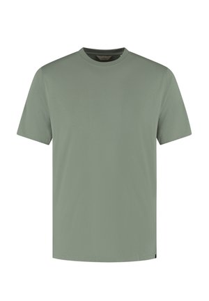 Schlichtes T-Shirt mit kurzen Ärmeln und Rundhalsausschnitt in gedämpftem Salbeigrün, frontseitig auf weißem Hintergrund präsentiert.